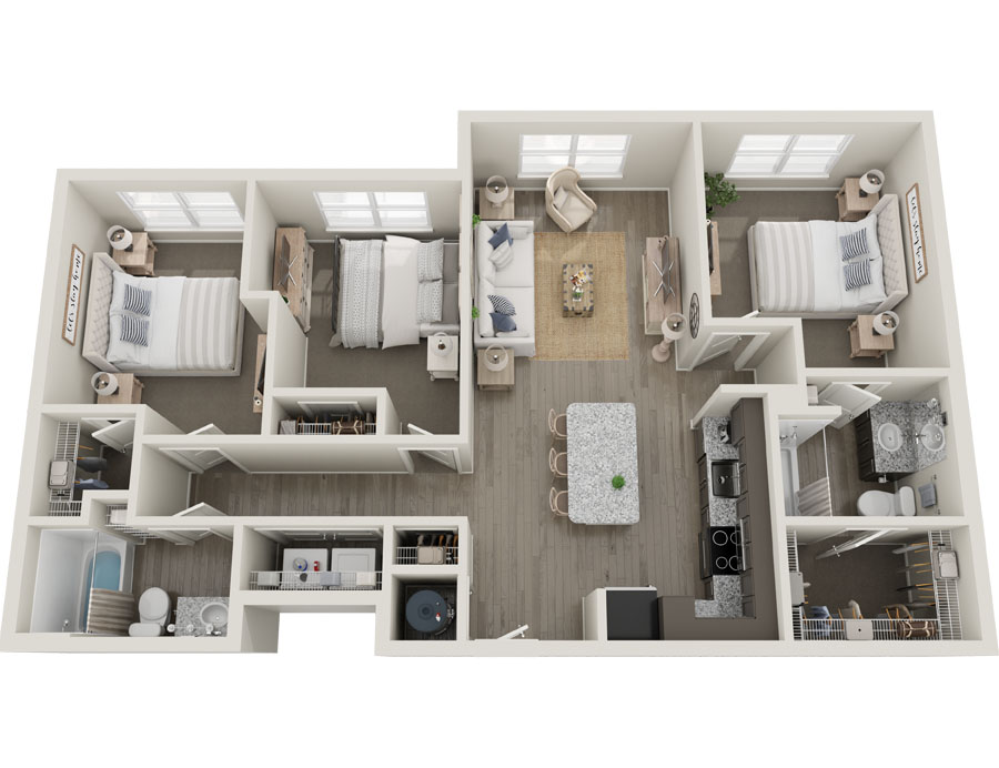 3D 2-Bed Apartment Plan C1